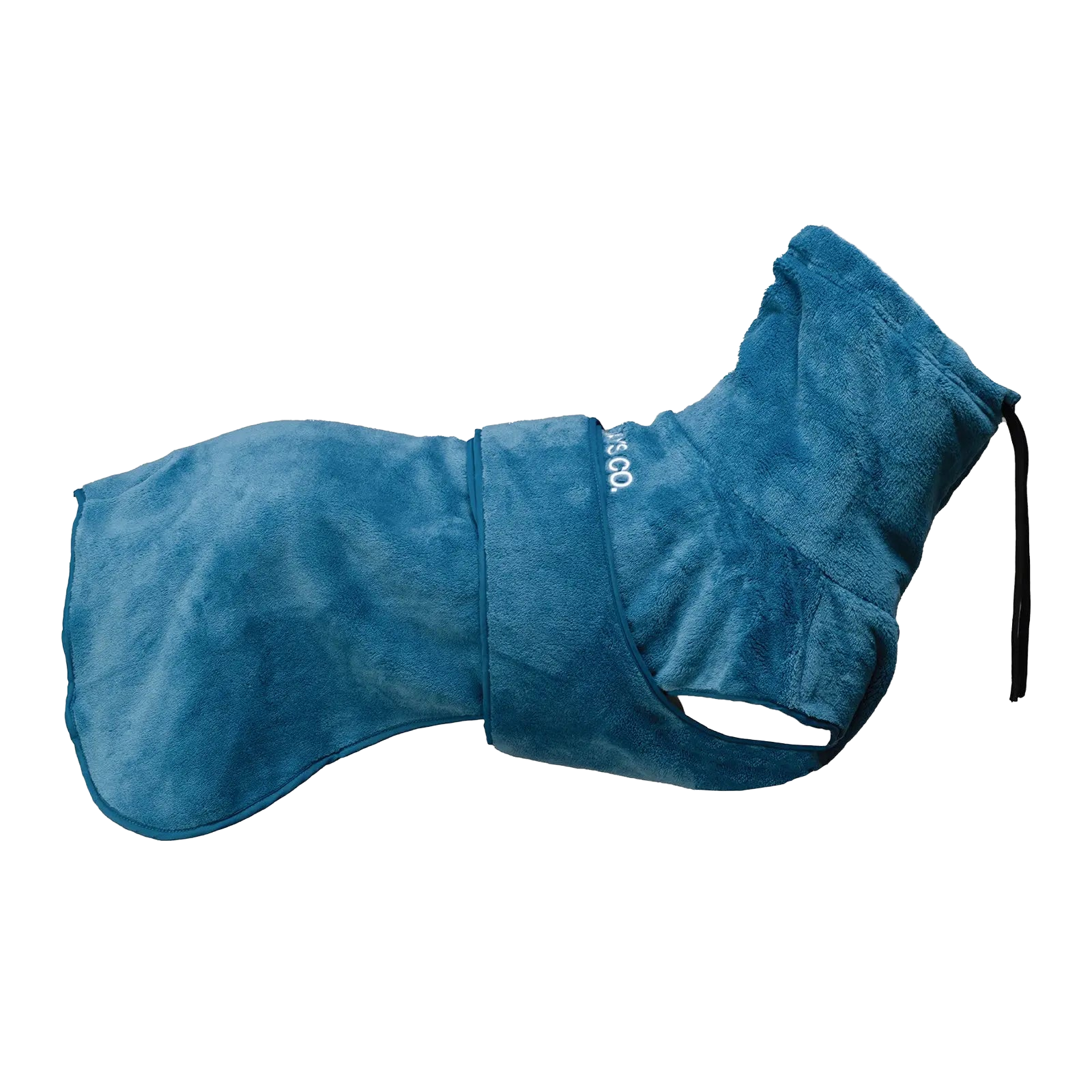 Seitenansicht einer isolierten blauen Winterjacke für Hunde mit weichem, atmungsaktivem Fleece-Innenfutter für Abenteuer bei Kälte.