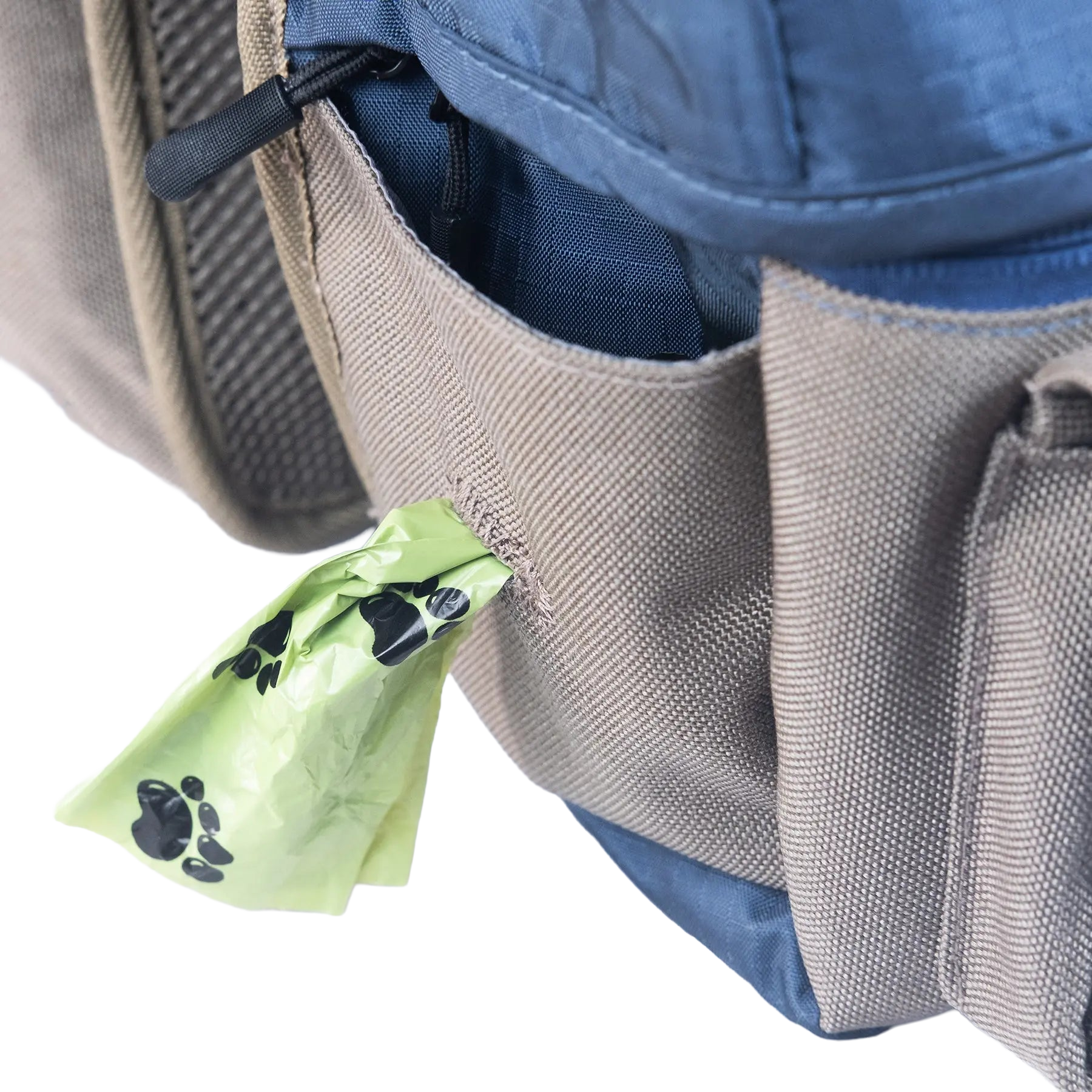 Dog backpack with dispenser pocket for poop bags, perfect for hiking trips