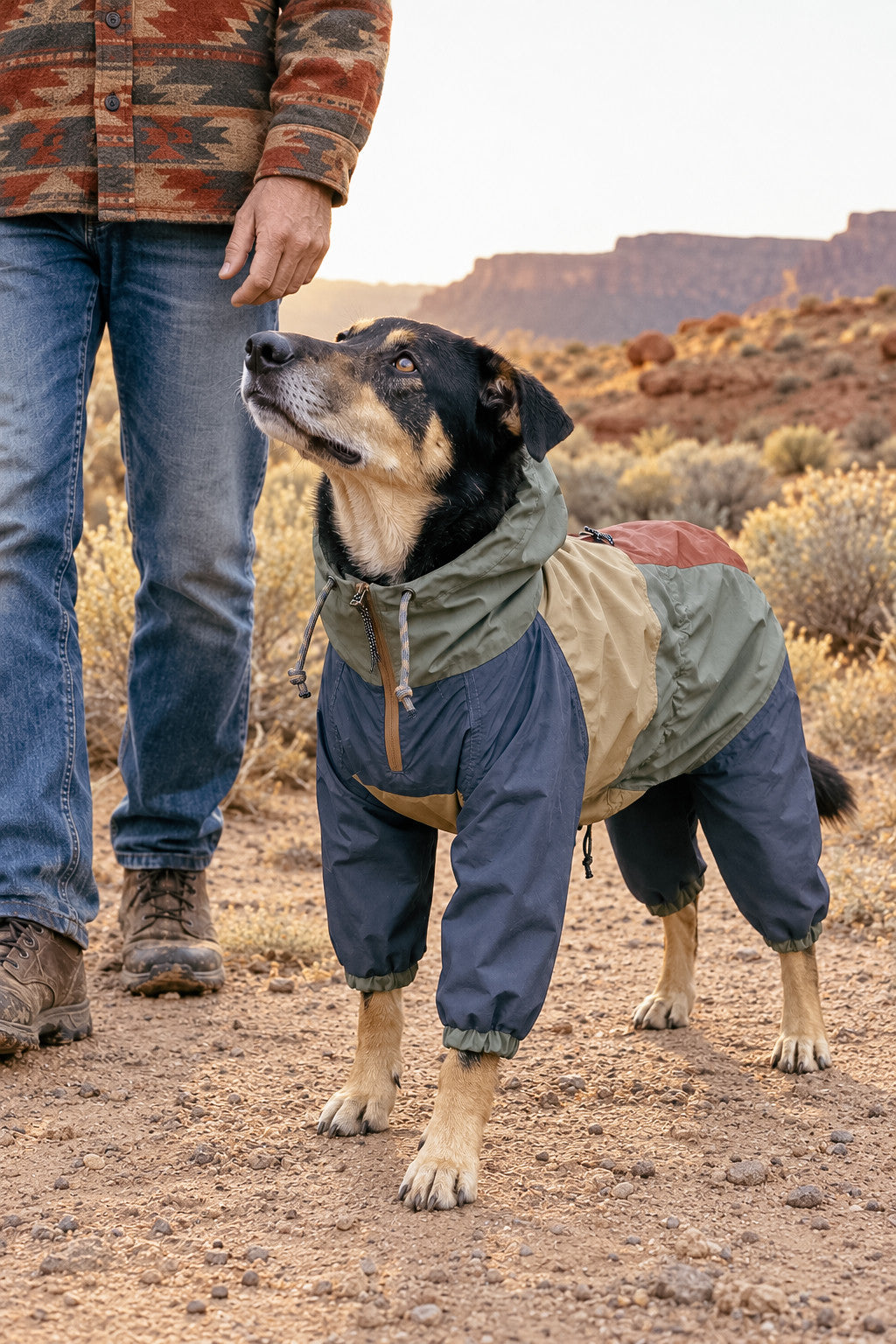 Hund im zweifarbigen Regenanzug auf einem Wüstenweg neben einer Person