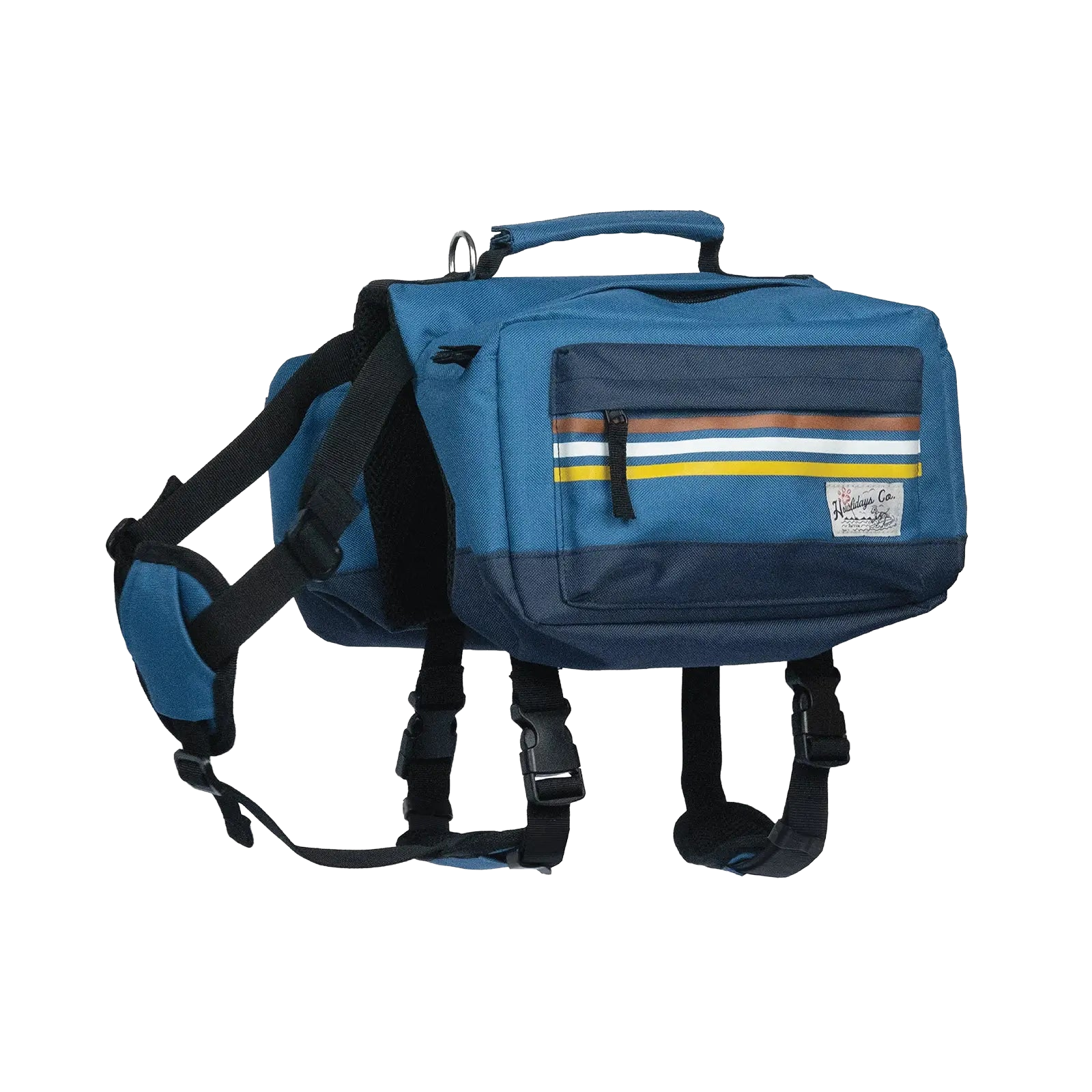 45-Grad-Ansicht eines robusten Hunderucksacks mit ergonomischem Design und sicherem Sitz.
