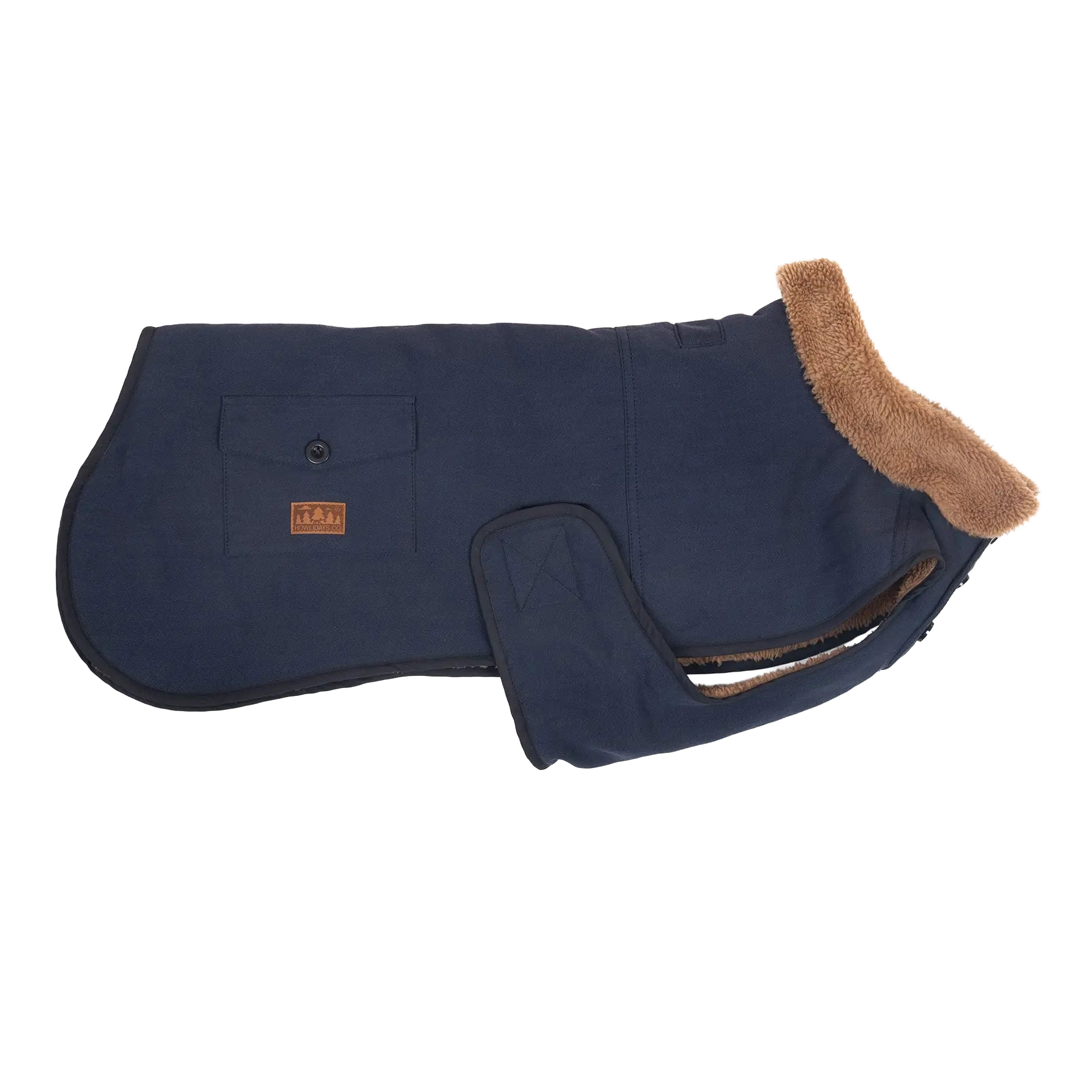 Seitenprofil einer stilvollen, isolierten Hundejacke mit verstellbarem Klettverschluss für sicheren, bequemen Sitz.